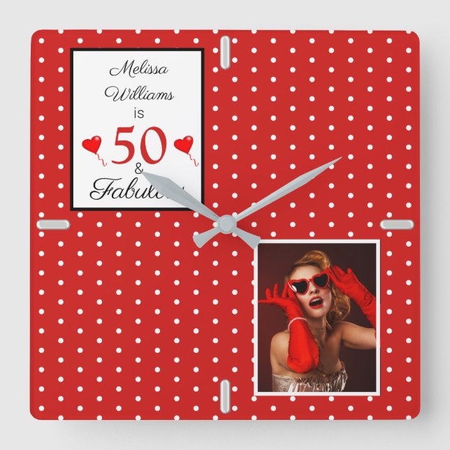 Reloj Cuadrado 50 y fabuloso Añadir foto rojo 50 cumpleaños WH ro (Anverso)