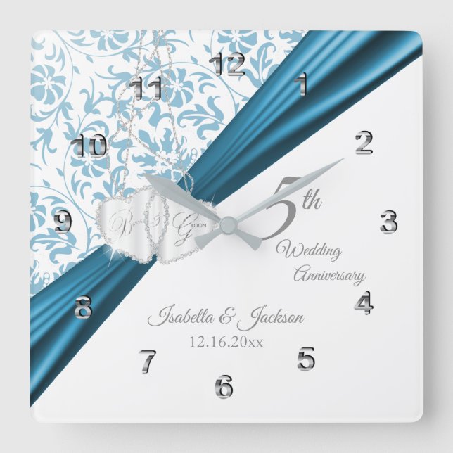 Reloj Cuadrado 5.º Aniversario del Boda Azul Keepsake (Anverso)
