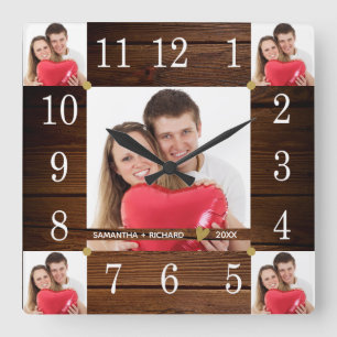 Reloj Cuadrado 5 Photo Collage Wedding Anniversary  Rustic Wood