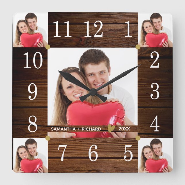 Reloj Cuadrado 5 Photo Collage Wedding Anniversary  Rustic Wood (Anverso)