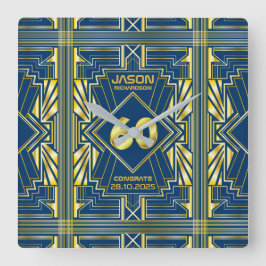 Reloj Cuadrado 60.º cumpleaños Art Deco Oro Azul Gran Gatsby