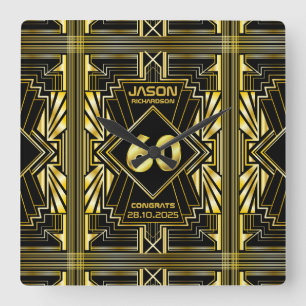 Reloj Cuadrado 60 cumpleaños Art Deco Oro Gran Gatsby Negro