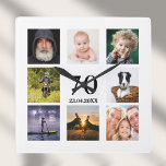 Reloj Cuadrado 70.º collage de fotos<br><div class="desc">Un reloj de pared como regalo para el cumpleaños 70 de un hombre,  celebrando su vida con un collage de ocho de tus propias fotos. Plantillas para un nombre,  edad 70 y fecha. Fecha de nacimiento o fecha del aniversario. Letras de color negro. Fondo blanco.</div>