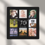 Reloj Cuadrado 70.º personalizado de cumpleaños familia de fotógr<br><div class="desc">Un reloj de pared como regalo para el cumpleaños 70 de un hombre,  celebrando su vida con un collage de ocho de tus propias fotos. Personalice y agregue la edad de 70 años,  y una fecha. Fecha de nacimiento o fecha del aniversario. Letras de color blanco. Fondo negro.</div>