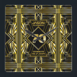 Reloj Cuadrado 70 cumpleaños Art Deco Oro Gran Gatsby Negro<br><div class="desc">Celebre su cumpleaños con estilo con este exclusivo diseño de estilo Art Deco inspirado en Great Gatsby,  con formas geométricas en oro brillante sobre fondo negro. Un elegante,  elegante y neutral de género es perfecto para conmemorar ese cumpleaños especial con el sabor jazz de los Roaring veinte años.</div>