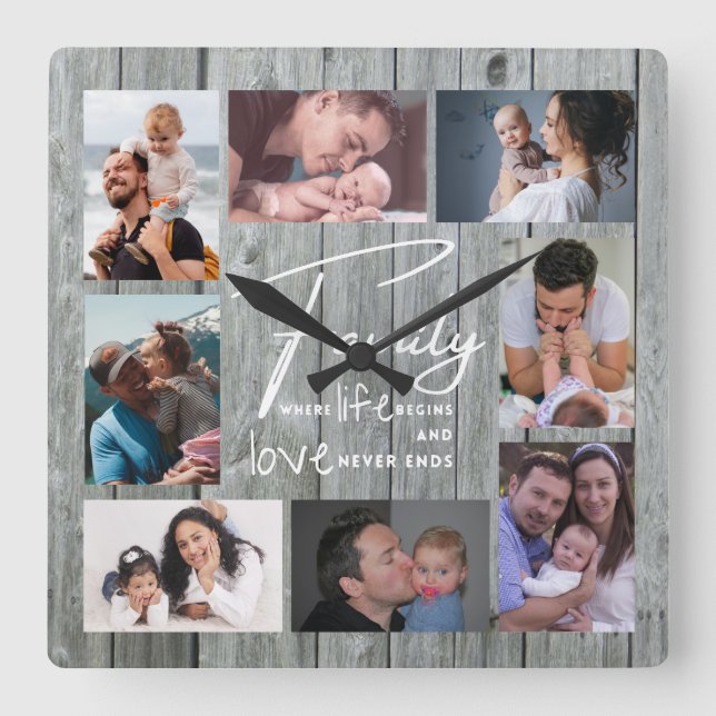 Reloj Cuadrado 8 Collage de fotos Family Love Quote Gray Wood (Anverso)