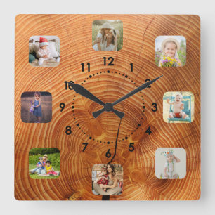 Reloj Cuadrado 8 Collage de fotos Personalizado con Madera Famili