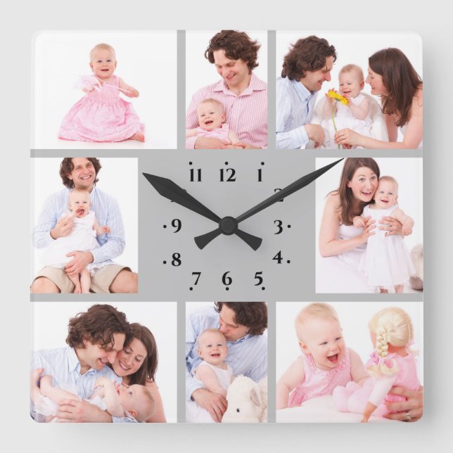 Reloj Cuadrado 8 Sections Family Photo in Gray Frame (Anverso)