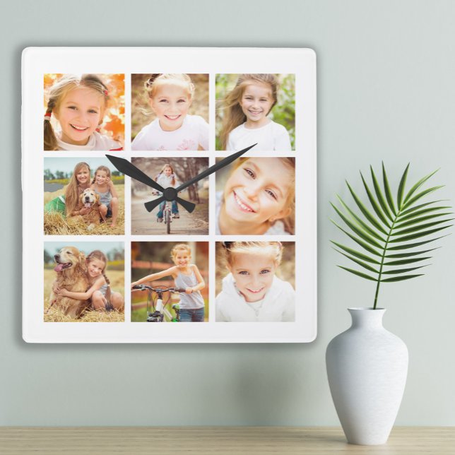 Reloj Cuadrado 9 Collage de fotos familiar blanco (Custom white 9-photo wall clock)