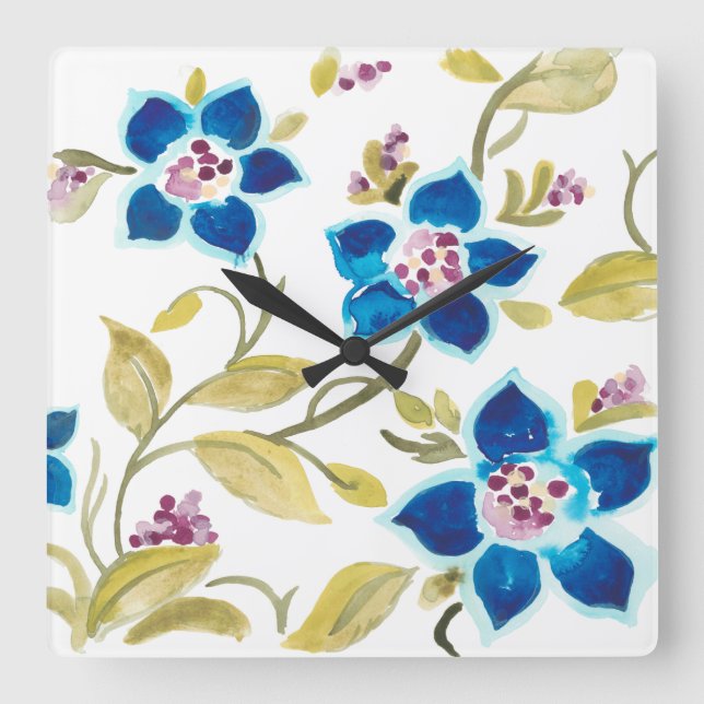 Reloj Cuadrado Abbey Floral Tiles - Blue Blooms (Anverso)