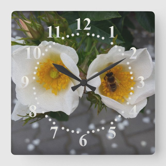 Reloj Cuadrado Abeja y flores en primavera (Anverso)