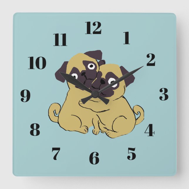 Reloj Cuadrado Abrazo de pug  (Anverso)