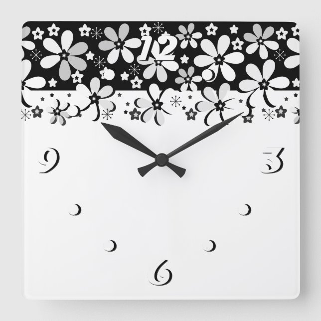 Reloj Cuadrado Abstract black white cartoon flowers floral design (Anverso)