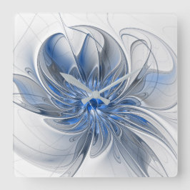 Reloj Cuadrado Abstract Blue Gray Watercolor Fractal Art Flower