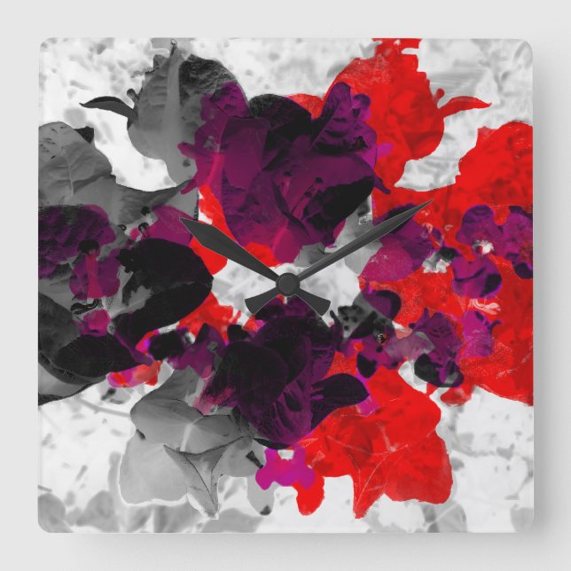 Reloj Cuadrado Abstract floral design - red and purple over white (Anverso)