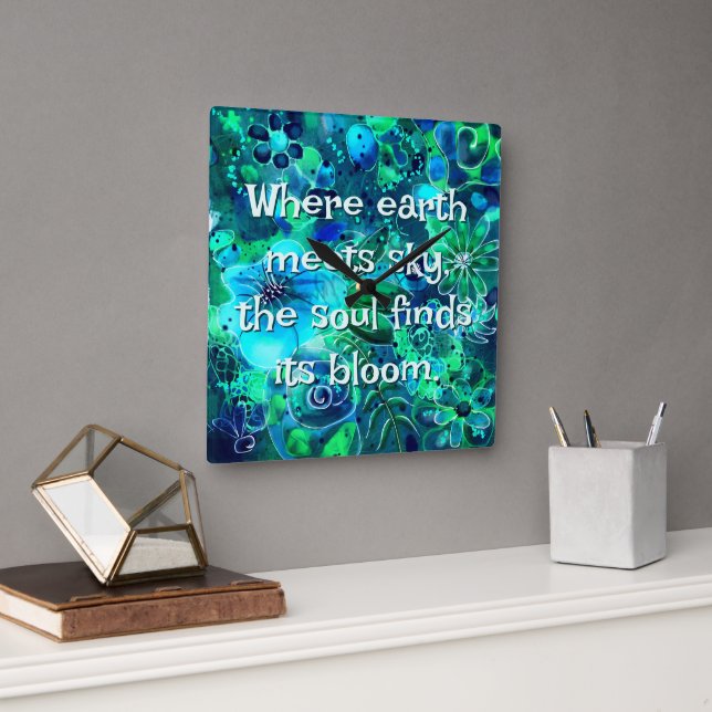 Reloj Cuadrado Abstract Floral Teal Blue Green Personalized (Oficina)