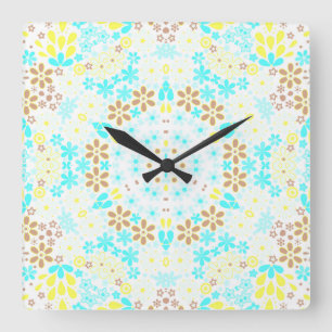 Reloj Cuadrado Abstract mosaic kaleidoscopic floral flowers white