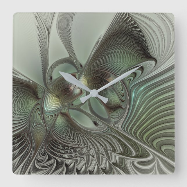 Reloj Cuadrado Abstracto Olive Sage Green Grey Fractal Art Fantas (Anverso)