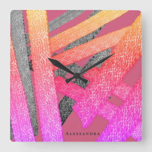 Reloj Cuadrado Abstracto Personalizado Rosa Arcoíris Gris Rayas C