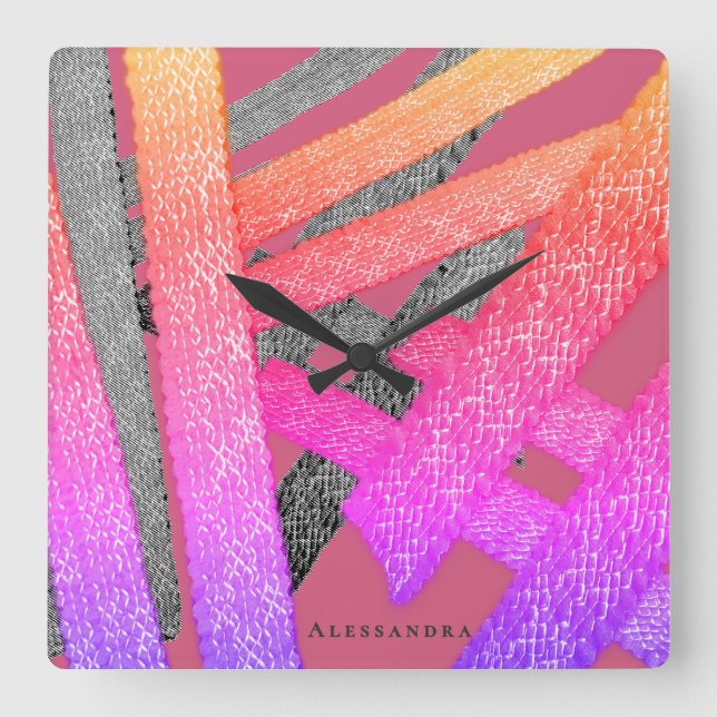 Reloj Cuadrado Abstracto Personalizado Rosa Arcoíris Gris Rayas C (Anverso)