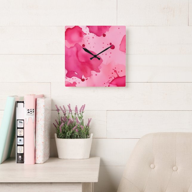Reloj Cuadrado Abstracto rosa sobre rosa (Sala de lectura)