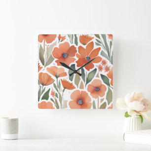 Reloj Cuadrado Acento de pared boho rústico de terracota con flor