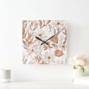 Reloj Cuadrado Acento de pared boho rústico de terracota con flor