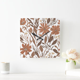 Reloj Cuadrado Acento de pared boho rústico de terracota con flor