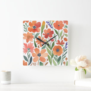 Reloj Cuadrado Acento de pared boho rústico de terracota con flor