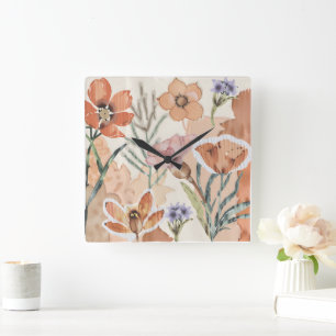 Reloj Cuadrado Acento de pared boho rústico de terracota con flor