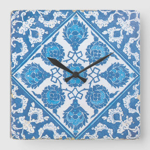 Reloj Cuadrado Acentos Azules Vintage Azul Blanco Baldosa