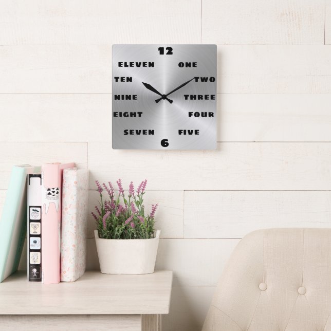 Reloj Cuadrado Acero cepillado moderno Palabra negra de cara numé (Sala de lectura)
