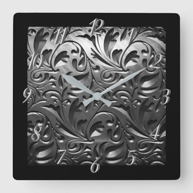 Reloj Cuadrado Acero gris abstracto de aspecto metalizado platead (Anverso)