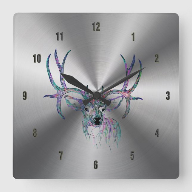 Reloj Cuadrado Acero inoxidable brillante y Ilustracion de venado (Anverso)