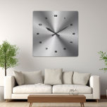 Reloj Cuadrado Acero inoxidable metálico brillante gris 2<br><div class="desc">Imagen de un reloj de pared con aspecto de acero inoxidable de diseño metálico brillante y gris plateado. No es acero real,  sino una imagen que parece acero.</div>
