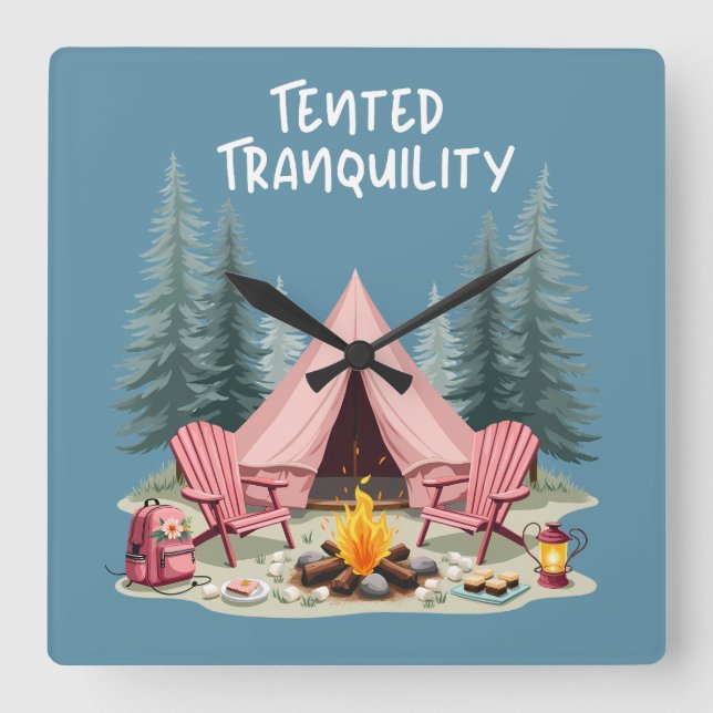 Reloj Cuadrado Acogedor camping Tent & Campfire estético de glamo (Anverso)