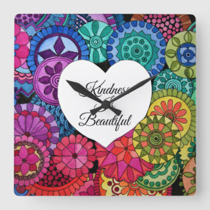 Reloj Cuadrado Acuarela Arcoiris Mandala con corazón