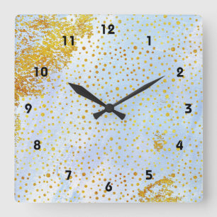 Reloj Cuadrado acuarela azul claro y confeti de Relieve metalizad