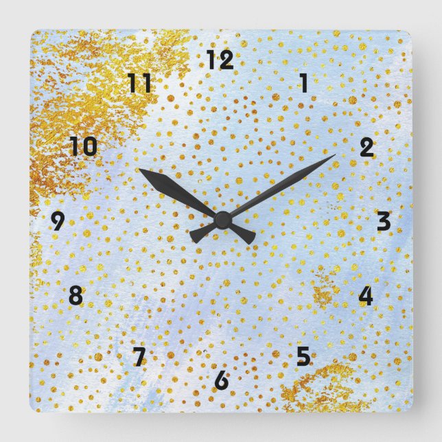 Reloj Cuadrado acuarela azul claro y confeti de Relieve metalizad (Anverso)