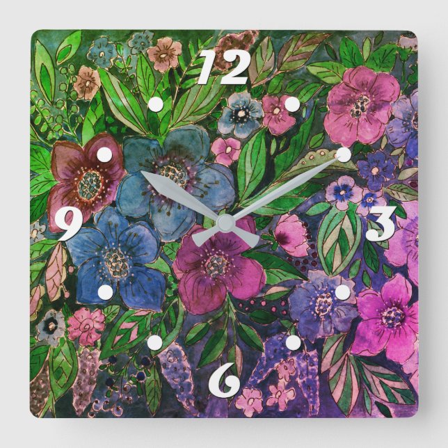Reloj Cuadrado acuarela, azul y púrpura, acuarela de anémonas (Anverso)