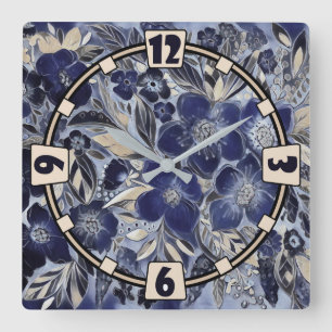 Reloj Cuadrado acuarela, azul y púrpura, acuarela de anémonas