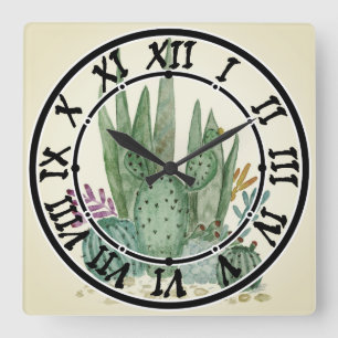Reloj Cuadrado Acuarela , cactus , suculentos