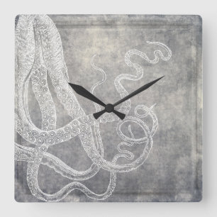 Reloj Cuadrado Acuarela costera Octopus Plata Agua Neutral
