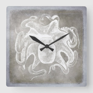 Reloj Cuadrado Acuarela costera Octopus Plata Agua Neutral