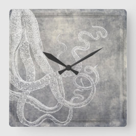 Reloj Cuadrado Acuarela costera Octopus Plata Pewter Neutral
