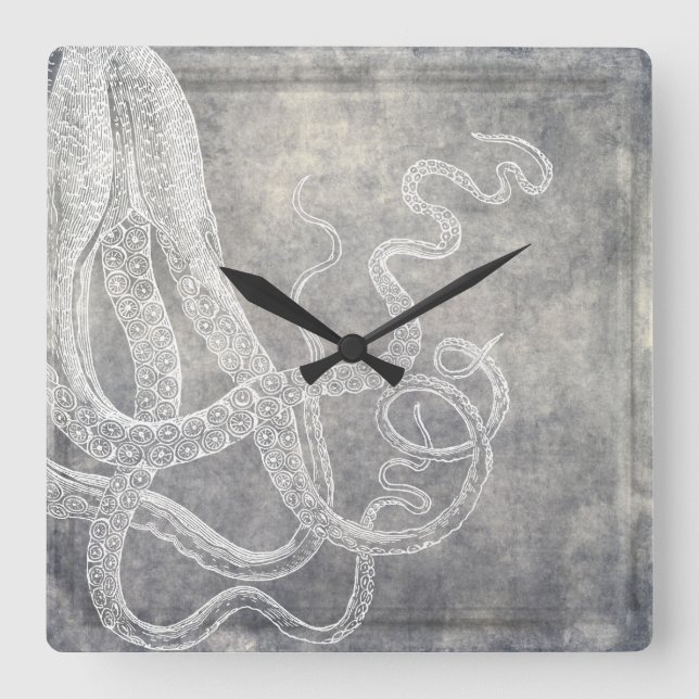 Reloj Cuadrado Acuarela costera Octopus Plata Pewter Neutral (Anverso)
