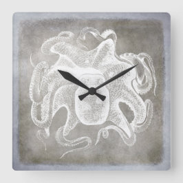 Reloj Cuadrado Acuarela costera Octopus Plata Pewter Neutral