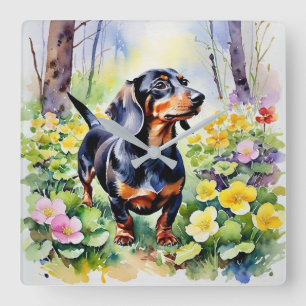 Reloj Cuadrado Acuarela Dachshund Sausage Dog Woodland Primrose