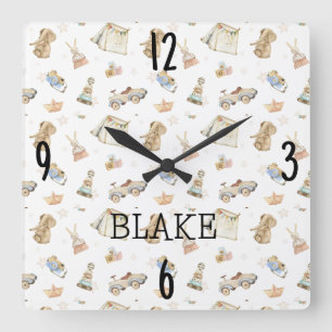 Reloj Cuadrado Acuarela de juguetes vintage de guardería blanca d