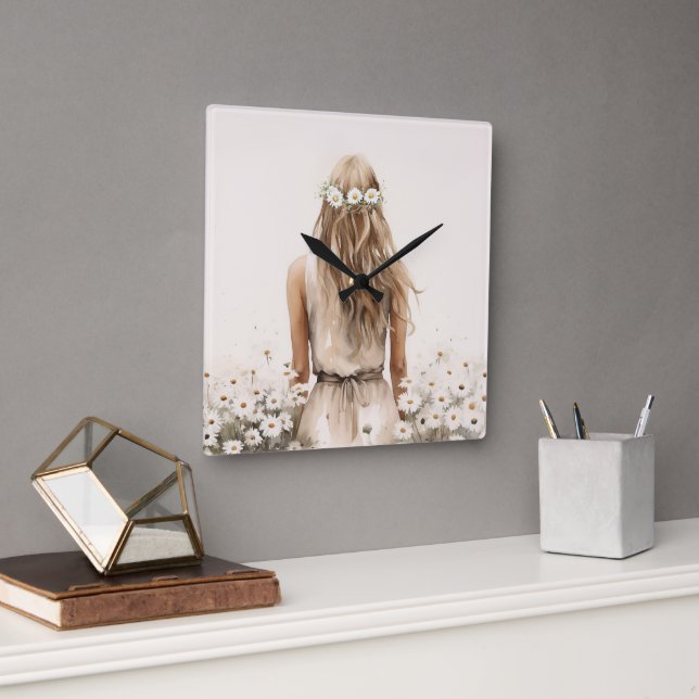 Reloj Cuadrado Acuarela De Mujer Joven En Campo De Daisy (Oficina)